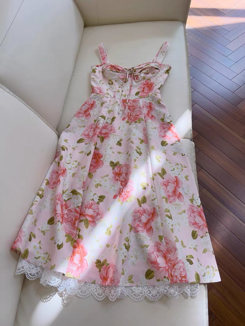 Sexy A line Spaghetti Straps Sleeveless Floral Pink Chiffon Prom Dresses