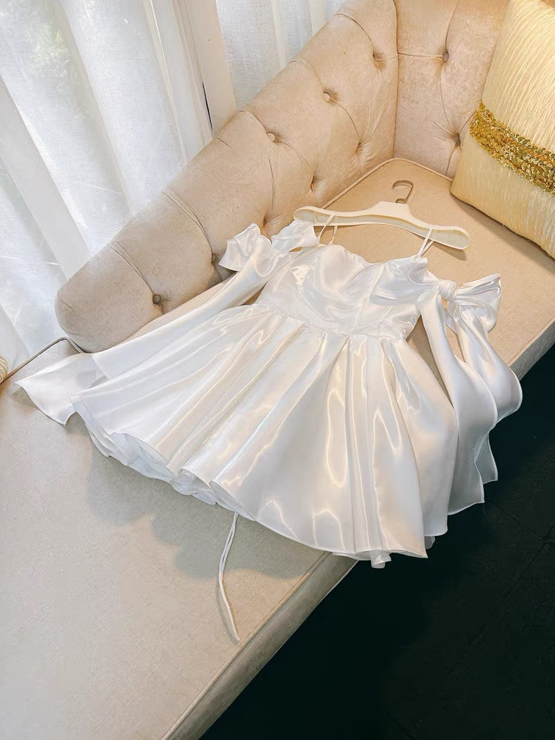 Cute A line Spaghetti Straps Bowknot White Short Homecoming Dress Birthday Dresses