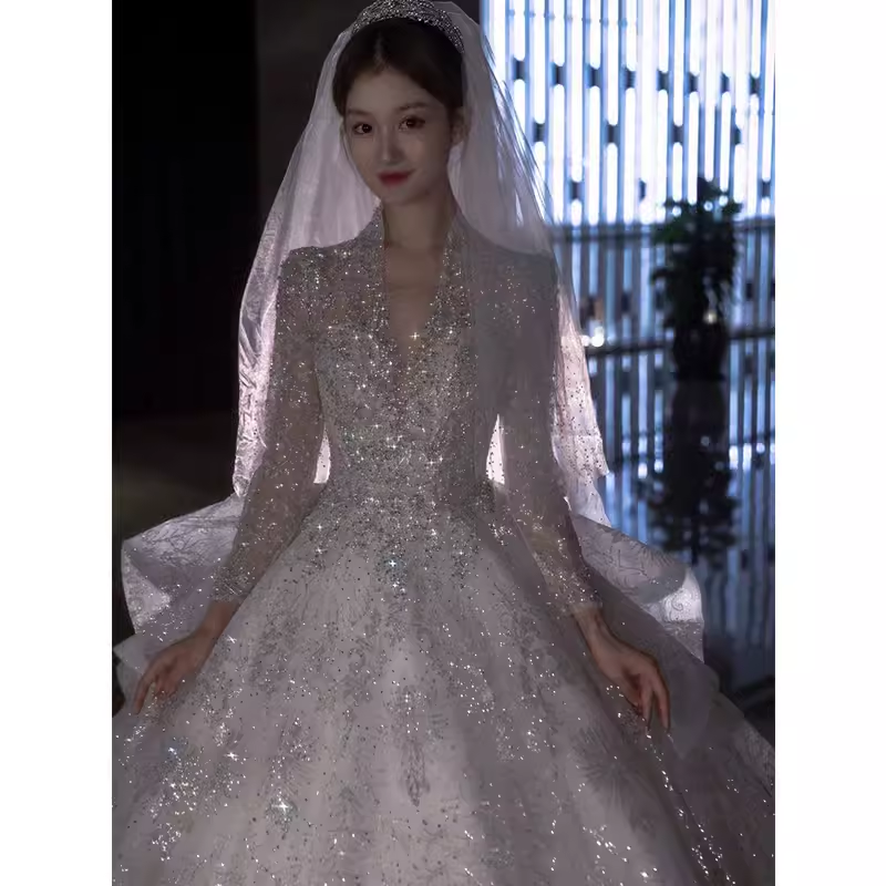 Luxury Ball Gown V Neckline Long Sleeves Lace Wedding Dress