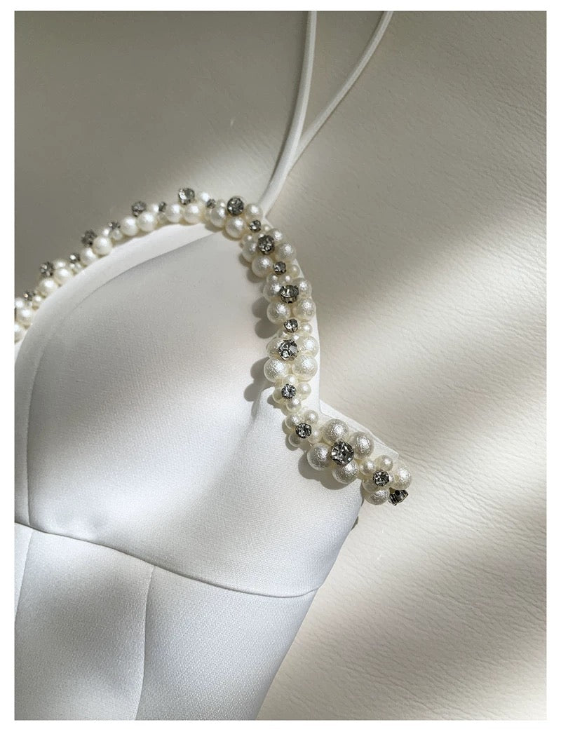 Cute A line Spagetti Straps White Short Pearls Homecoming Dress Birthday Dresses