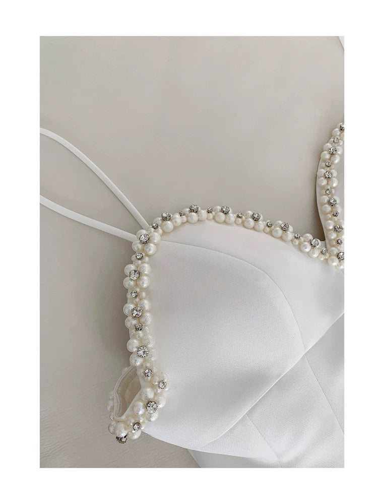 Cute A line Spagetti Straps White Short Pearls Homecoming Dress Birthday Dresses