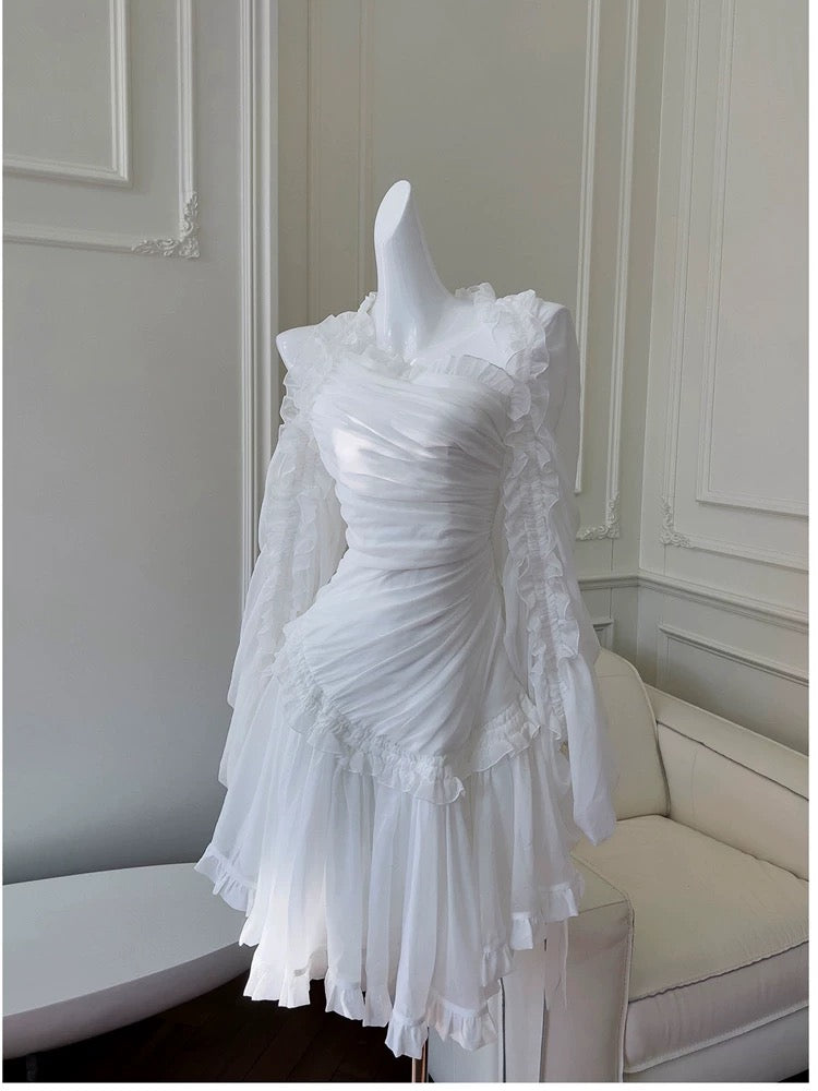 Fairytale A line Strapless White Chiffon Ruffles Homecoming Dress Birthday Dresses