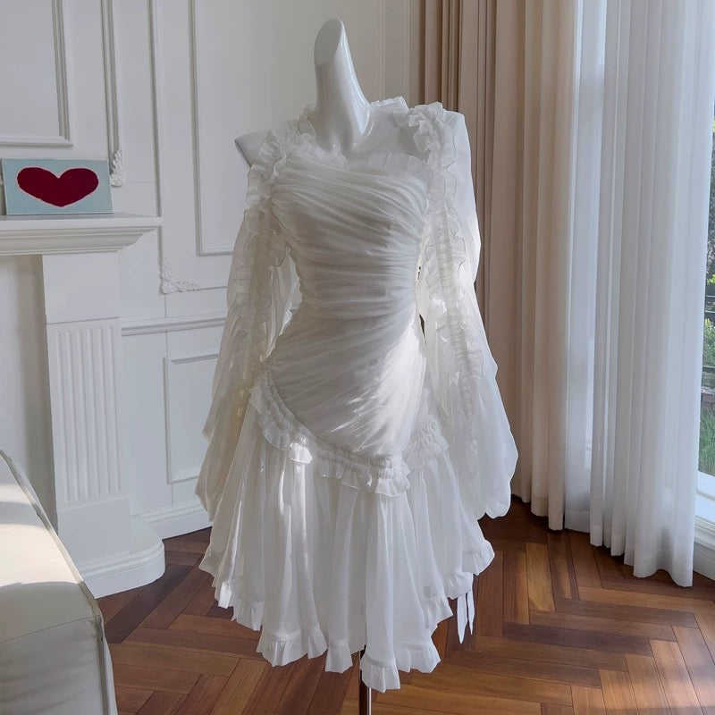 Fairytale A line Strapless White Chiffon Ruffles Homecoming Dress Birthday Dresses