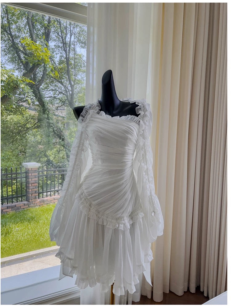 Fairytale A line Strapless White Chiffon Ruffles Homecoming Dress Birthday Dresses