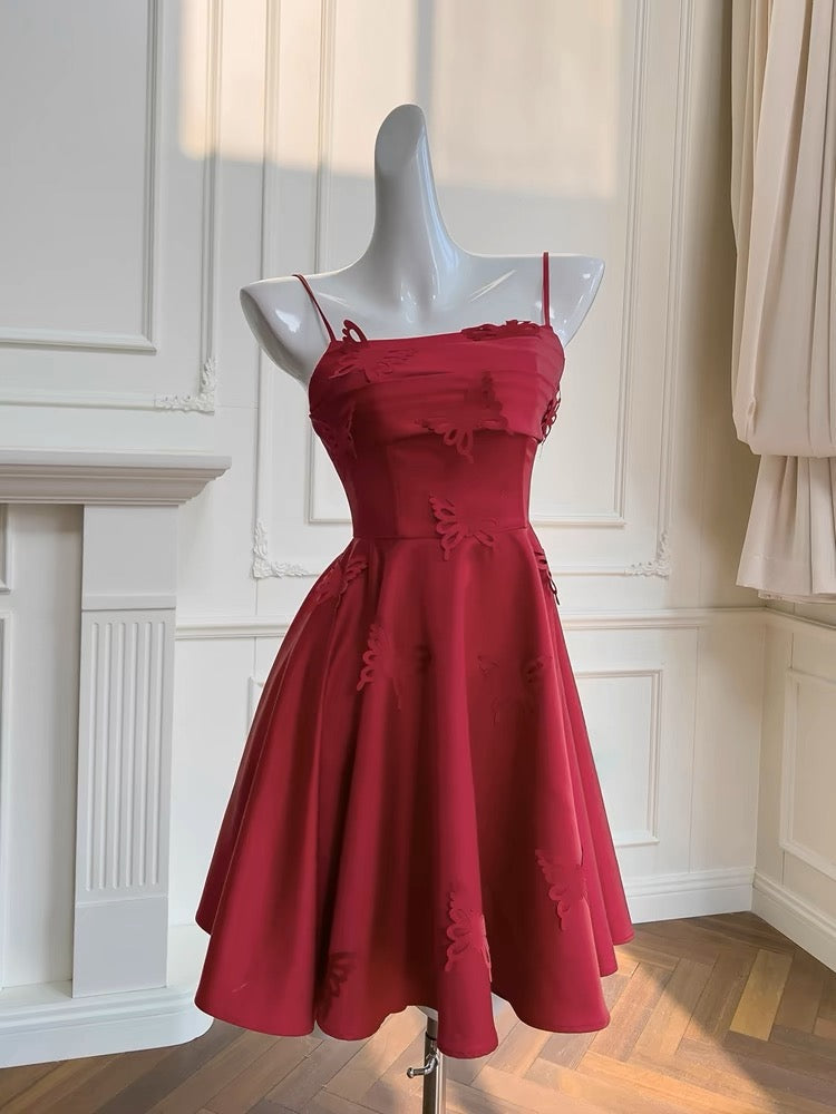 Simple A line Straps Burgundy ShortHomecoming Dress Birthday Dresses With Butterfly
