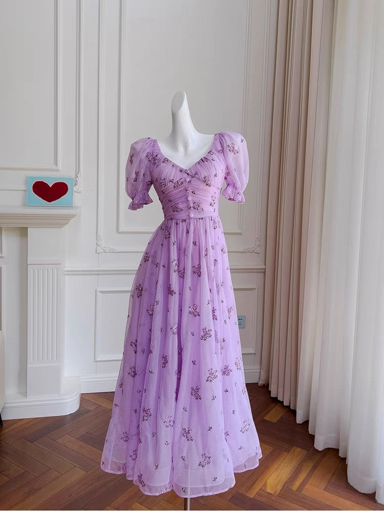 Vintage A line V Neckline Short Sleeves Lilac Tulle Flowers Prom Dress Evening Dresses