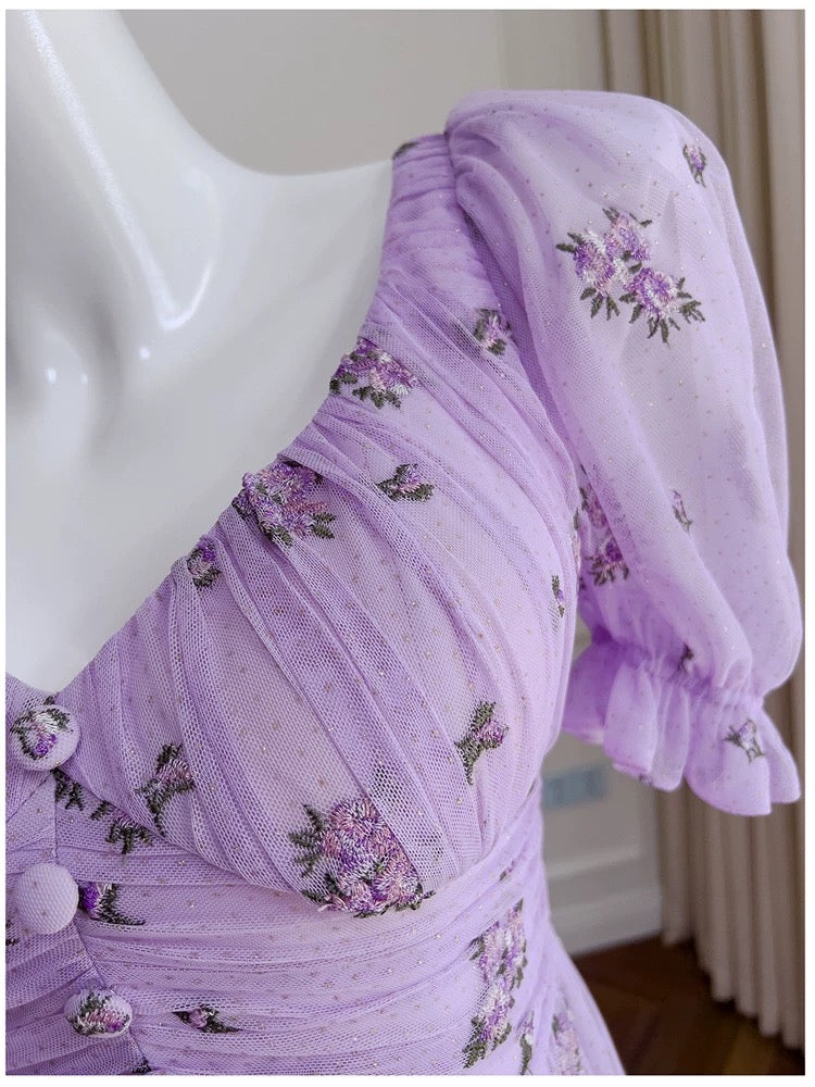 Vintage A line V Neckline Short Sleeves Lilac Tulle Flowers Prom Dress Evening Dresses