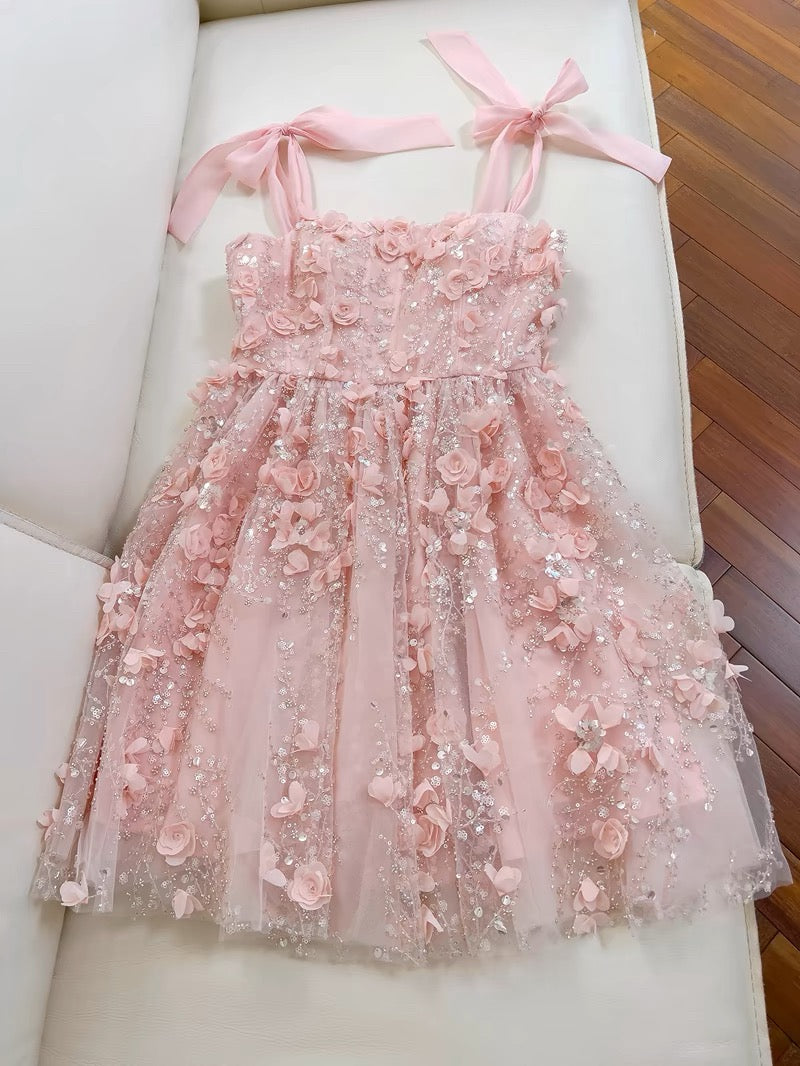 Fairytale A line Spagetti Straps Pink Short Lace Flowers Homecoming Dress Birthday Dresses