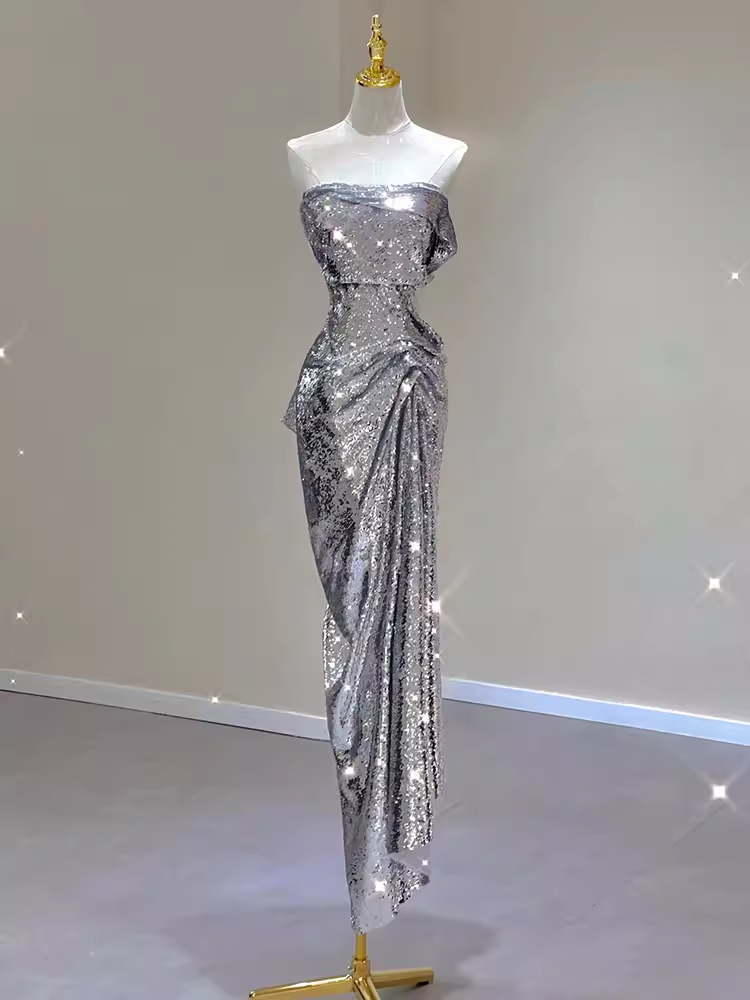 Sexy Mermaid Strapless Silver Sequin Long Prom Dress