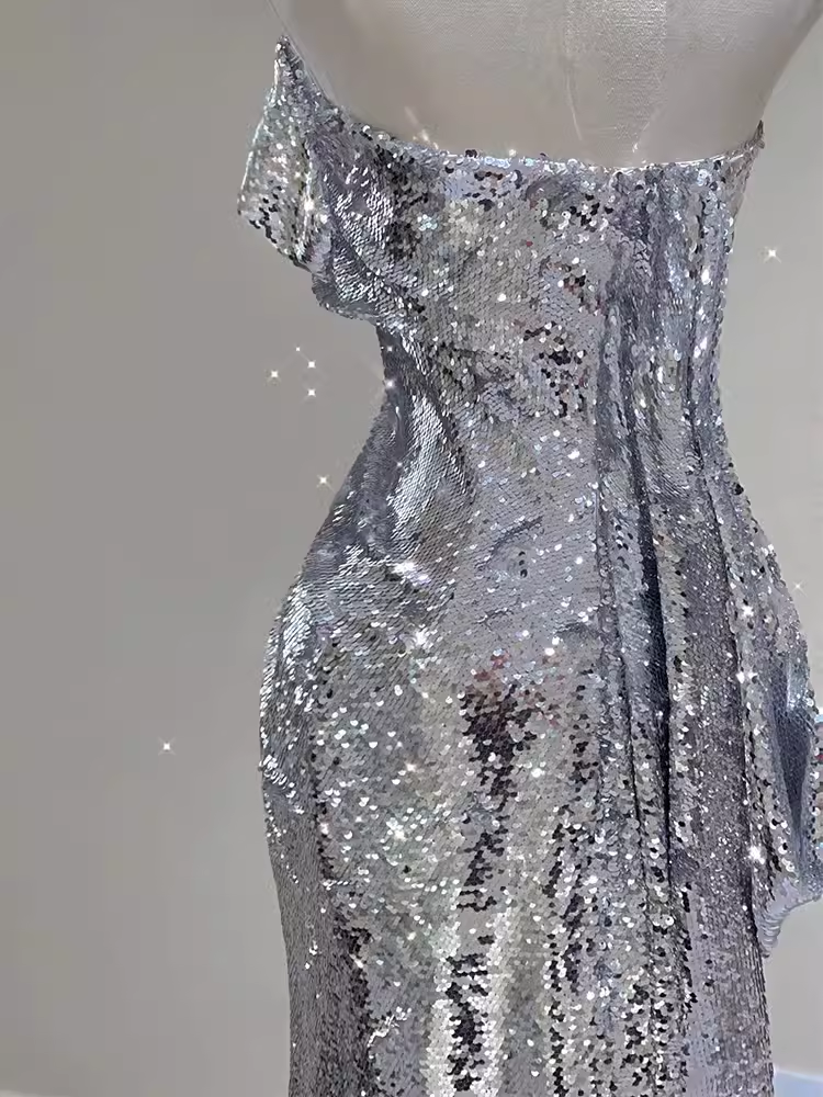 Sexy Mermaid Strapless Silver Sequin Long Prom Dress