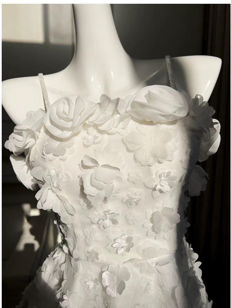 Cute A line Spaghetti Straps White Short Homecoming Dress Birthday Dresses With Flowers