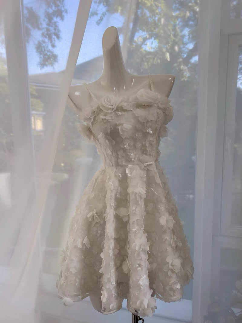 Cute A line Spaghetti Straps White Short Homecoming Dress Birthday Dresses With Flowers