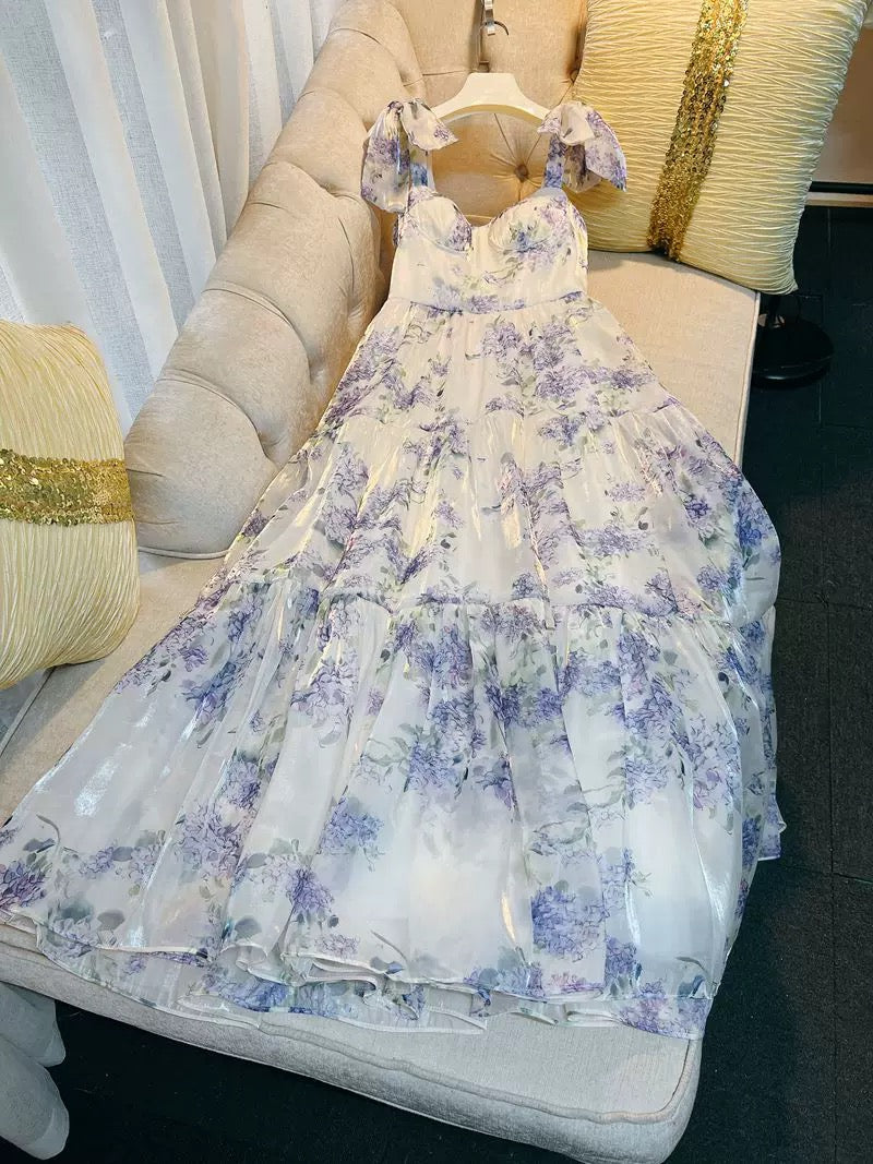 Sexy A Line Straps Sleeveless Floral Lilac Long Prom Dresses