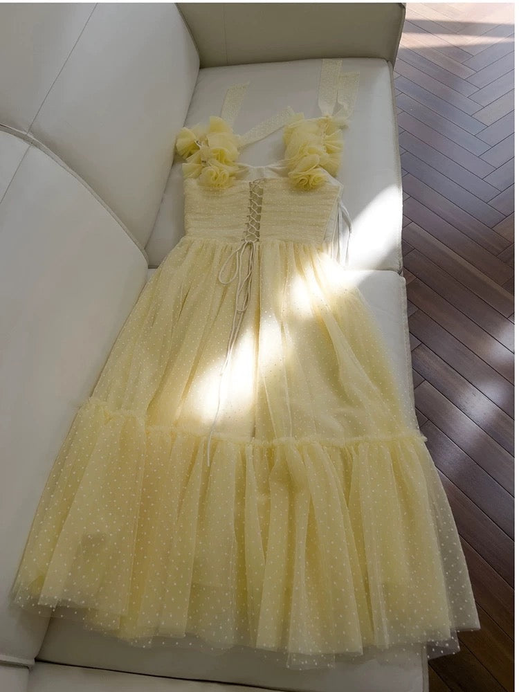 Cute A Line Straps Sleeveless Yellow Tulle Long Prom Dresses