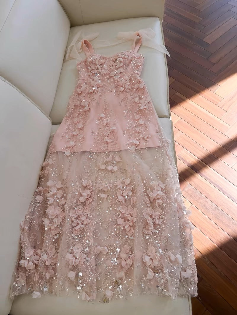 Cute A Line Straps Sleeveless Blush Pink Tulle Sequin Long Prom Dresses