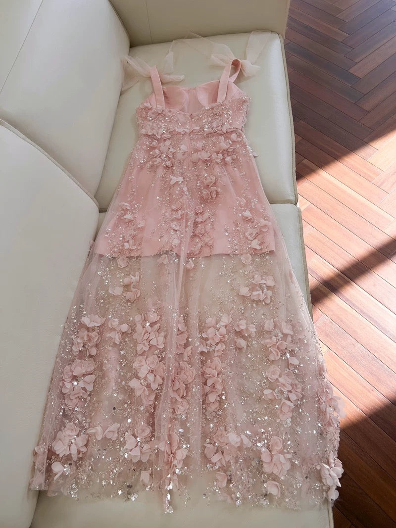 Cute A Line Straps Sleeveless Blush Pink Tulle Sequin Long Prom Dresses