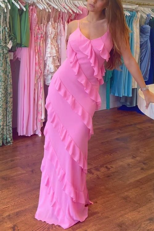 Modest A line Straps Neckline Pink Chiffon Long Prom Dress Evening Dresses