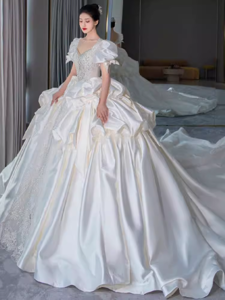 Unique Ball Gown Puffy Sleeves Lace Satin Wedding Dress