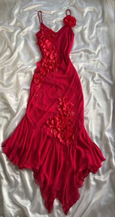 Elegant A line Straps Chiffon Red Irregular Prom Dresses Evening Dress With Flowers