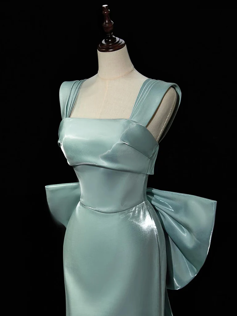 Simple Satin Green Long Prom Dress Green Formal Dress with Bow Tie