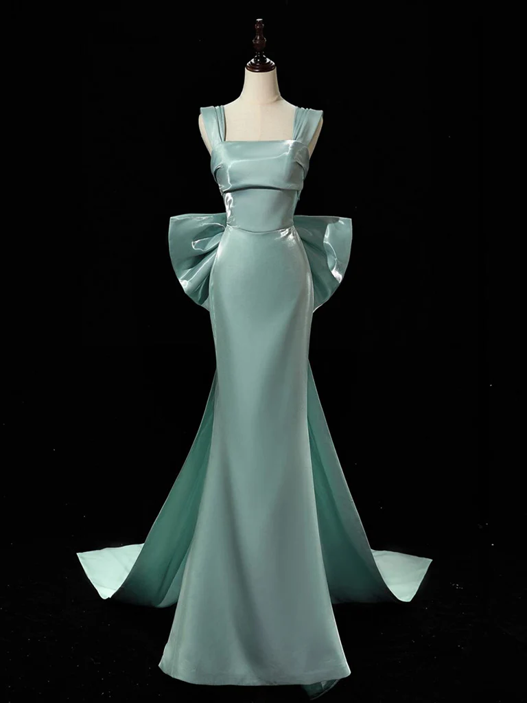 Simple Satin Green Long Prom Dress Green Formal Dress with Bow Tie