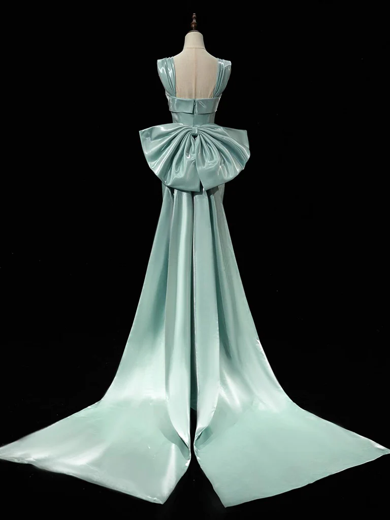 Simple Satin Green Long Prom Dress Green Formal Dress with Bow Tie
