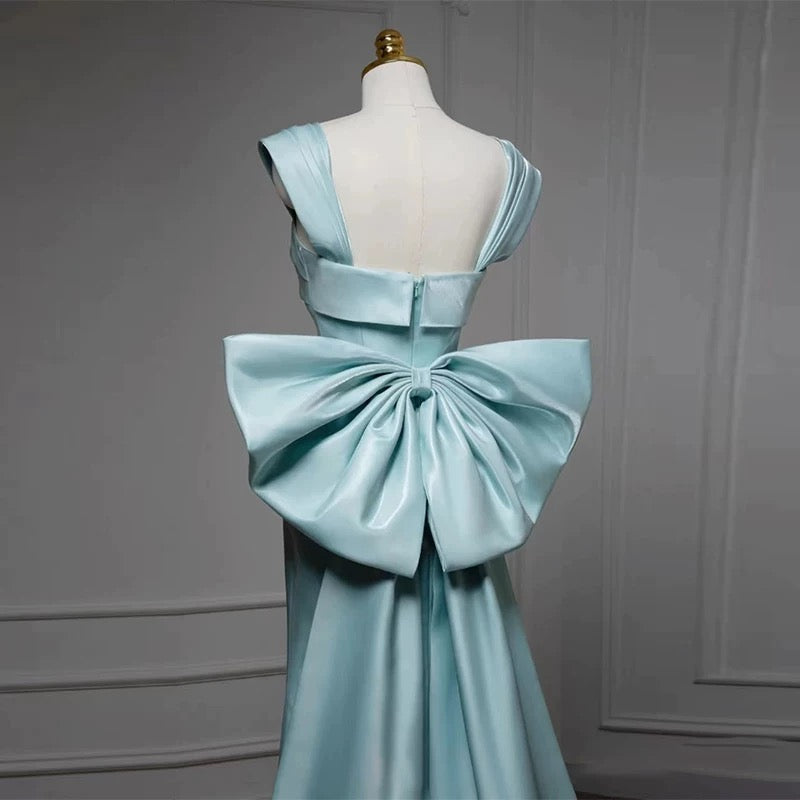 Simple Satin Green Long Prom Dress Formal Dress With Bowknot