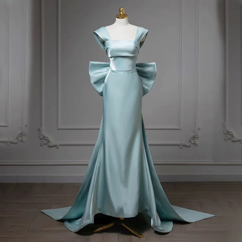 Simple Satin Green Long Prom Dress Formal Dress With Bowknot
