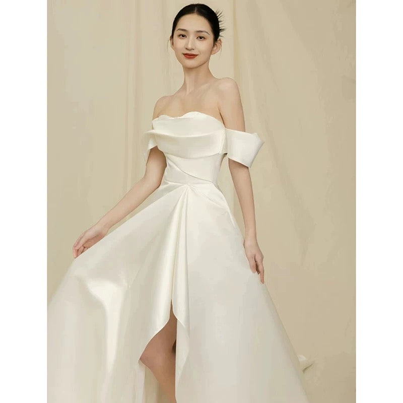 Timeless High Low Sweetheart Long Puffy Sleeves Satin Wedding Dresses With Ruffles