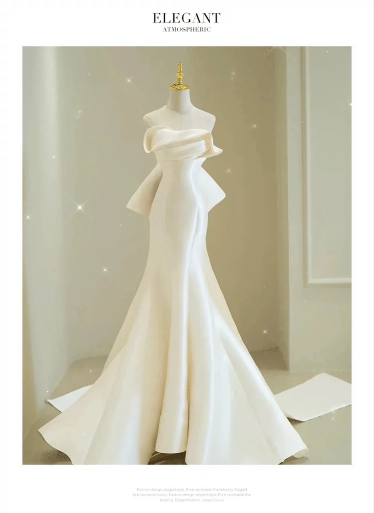 Sexy Mermaid Sweethart Sleeveless Satin Long White Wedding Dresses With Bow