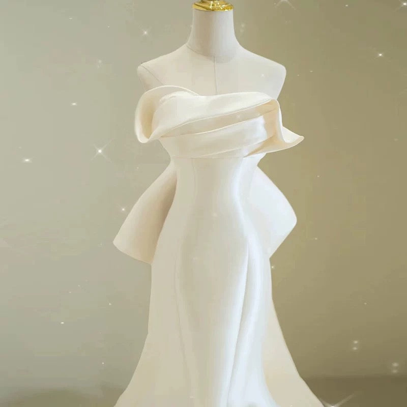Sexy Mermaid Sweethart Sleeveless Satin Long White Wedding Dresses With Bow