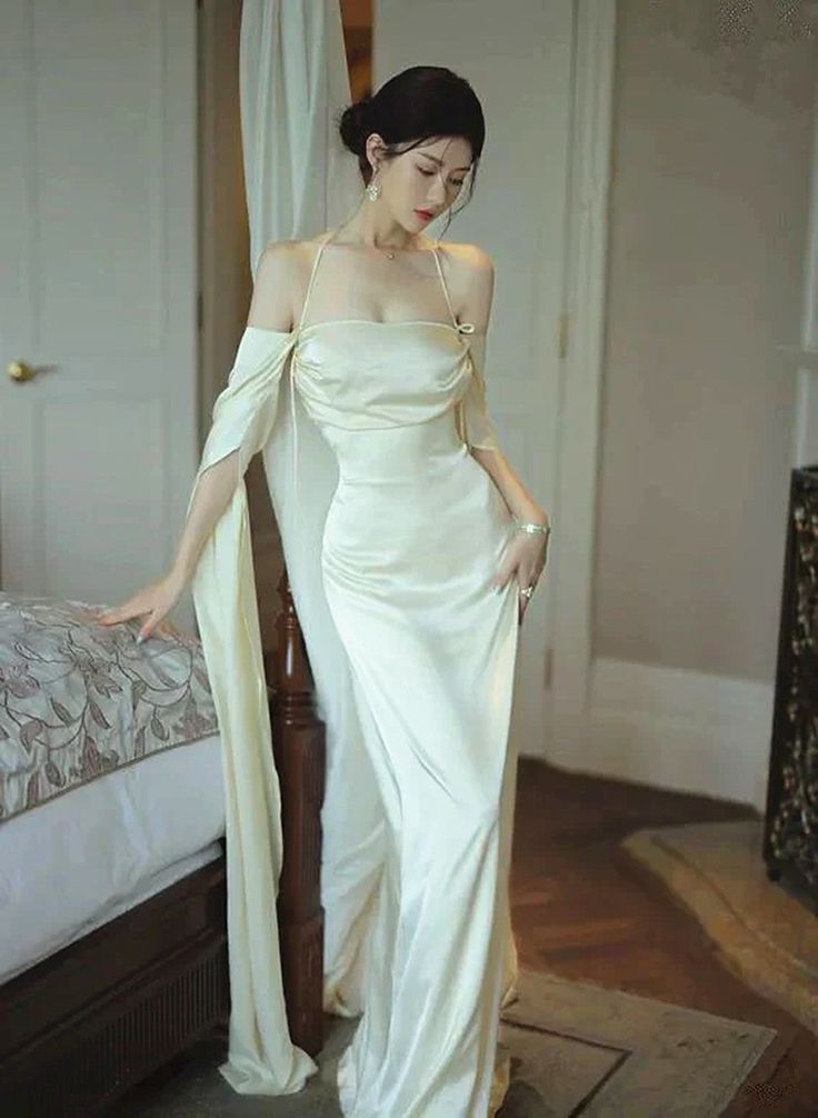 Elegant Ivory Satin Long Simple Evening Dress Prom Dresses