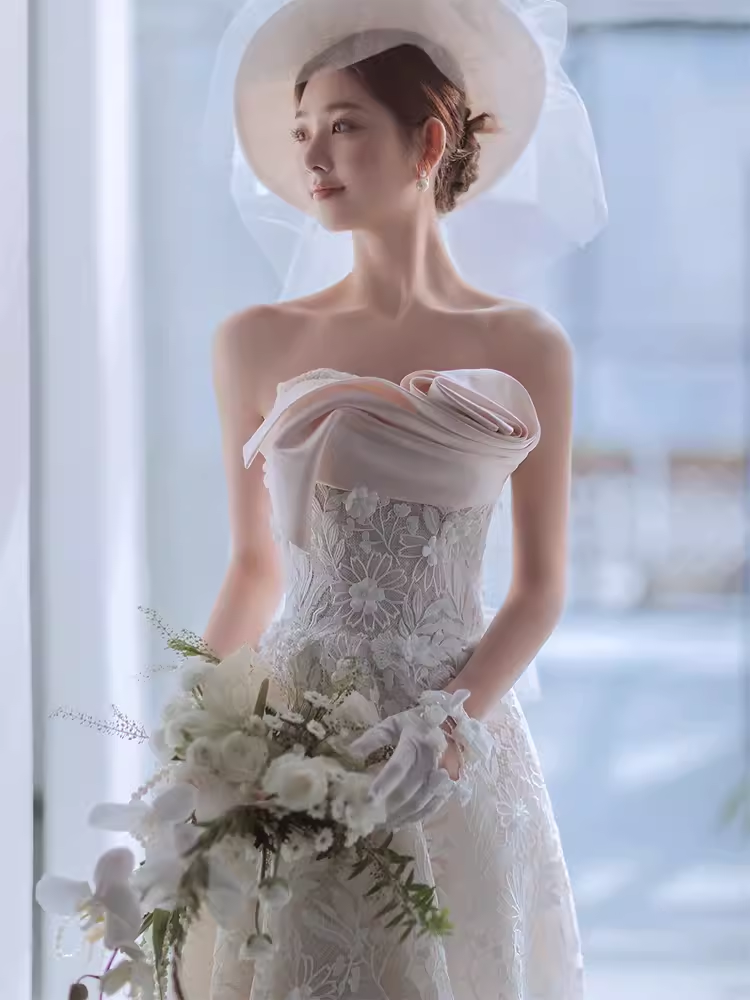 Unique A line Strapless Satin Long Wedding Dress With Bowknot