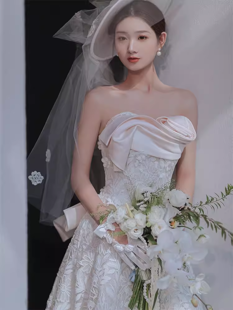 Unique A line Strapless Satin Long Wedding Dress With Bowknot