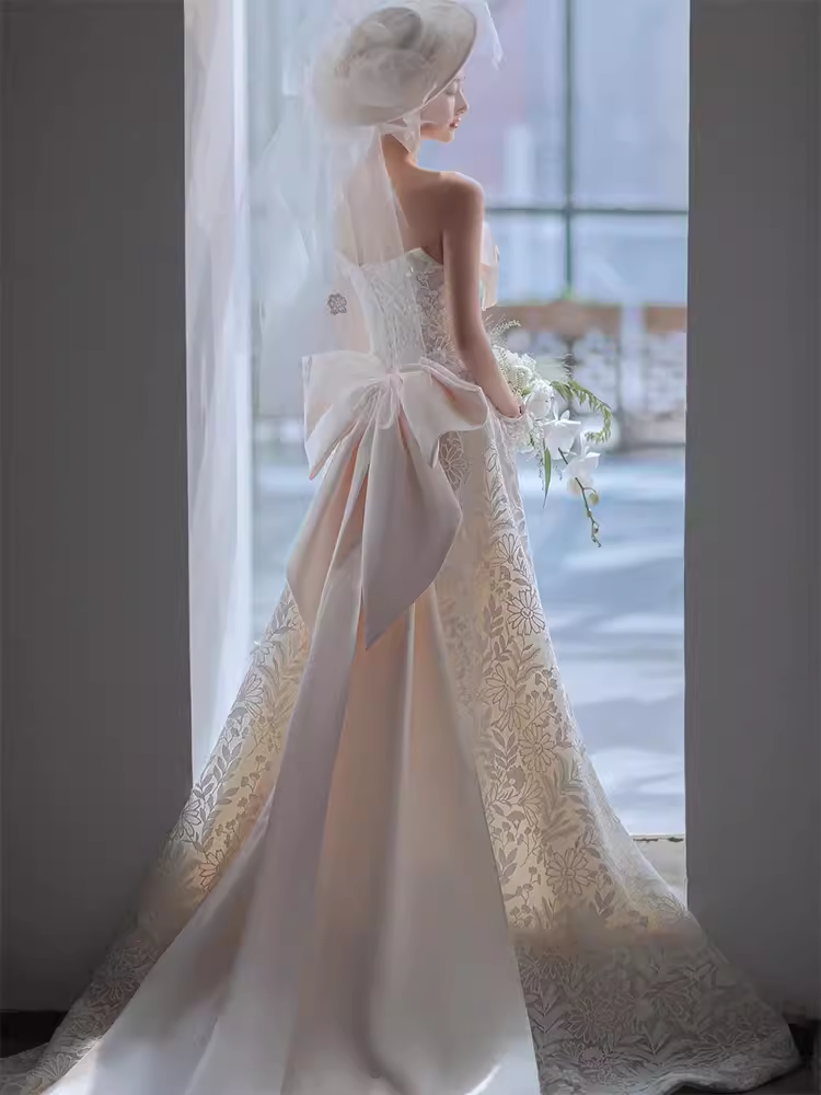 Unique A line Strapless Satin Long Wedding Dress With Bowknot