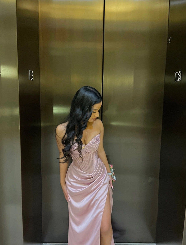 Elegant Sheath Sweetheart Sequin Satin Slit Prom Dresses Evening Dress