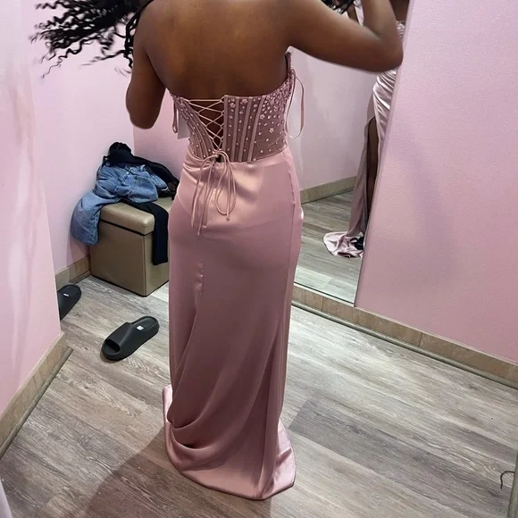 Elegant Sheath Sweetheart Sequin Satin Slit Prom Dresses Evening Dress