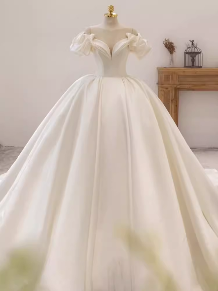 Unique Ball Gown Off The Shoulder Satin Long Wedding Dresses