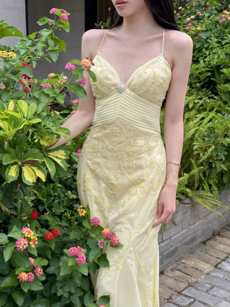 Elegant Mermaid Spaghetti Straps Yellow Chiffon Long Prom Dresses Evening Dress With Beads