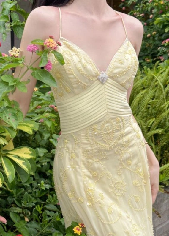 Elegant Mermaid Spaghetti Straps Yellow Chiffon Long Prom Dresses Evening Dress With Beads