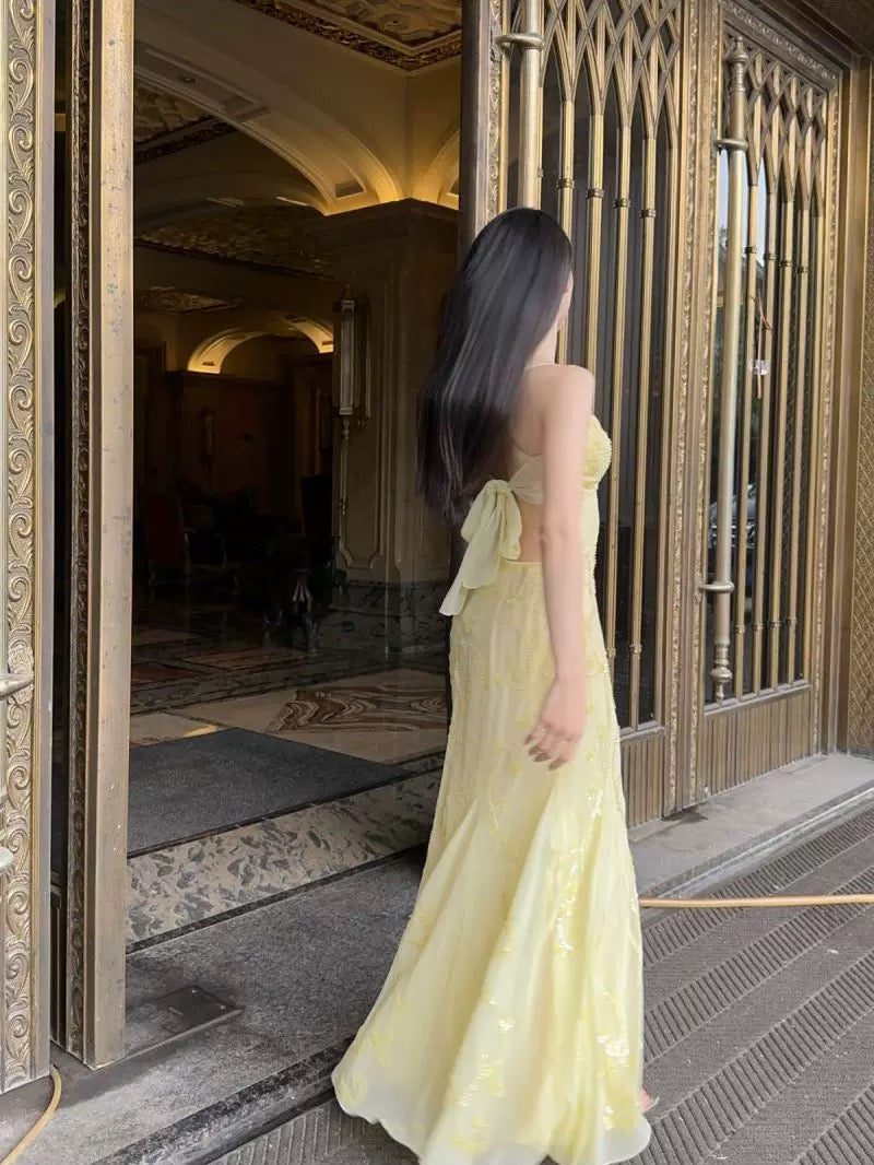 Elegant Mermaid Spaghetti Straps Yellow Chiffon Long Prom Dresses Evening Dress With Beads