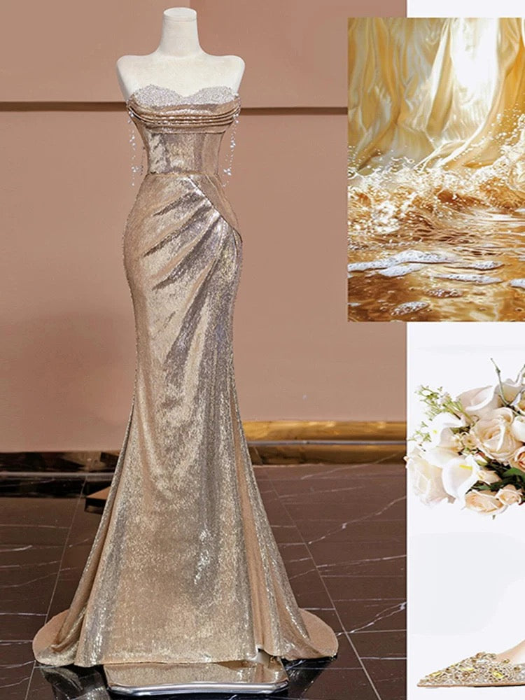 Elegant Mermaid Sweetheart Champagne Sequin Long Prom Dresses Evening Dress With Beads