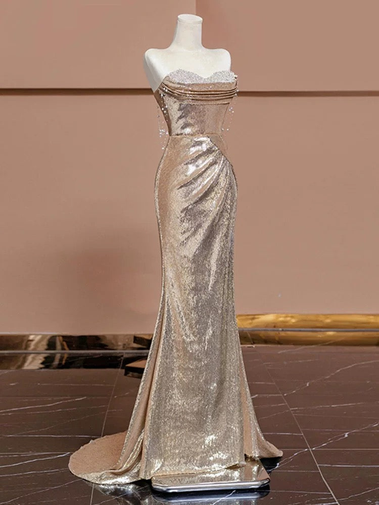 Elegant Mermaid Sweetheart Champagne Sequin Long Prom Dresses Evening Dress With Beads