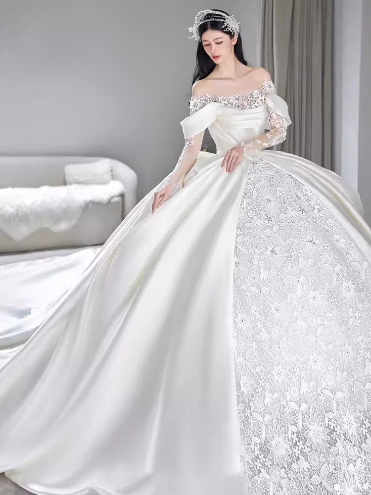 Unique Ball Gown Off The Shoulder Lace Long Wedding Dresses