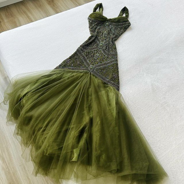 Elegant Mermaid Straps Green Beadings Long Prom Dresses Evening Dress