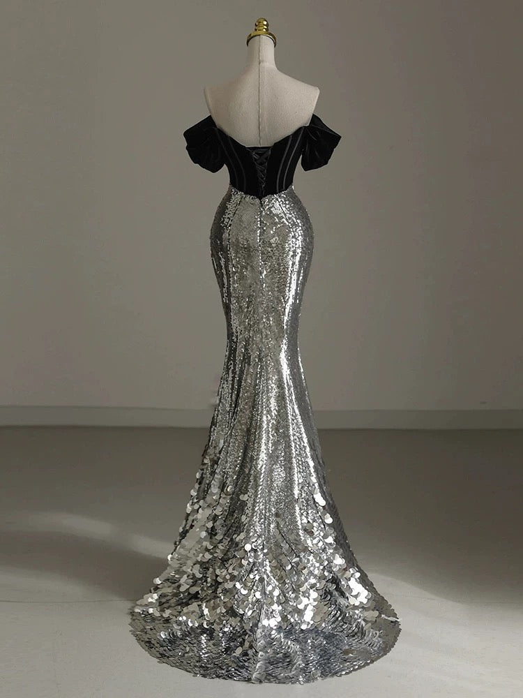 Elegant Mermaid Off The Shoulder Sequin Beadings Long Prom Dresses Evening Dress