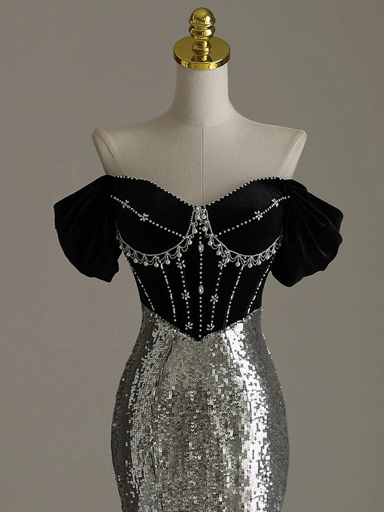 Elegant Mermaid Off The Shoulder Sequin Beadings Long Prom Dresses Evening Dress
