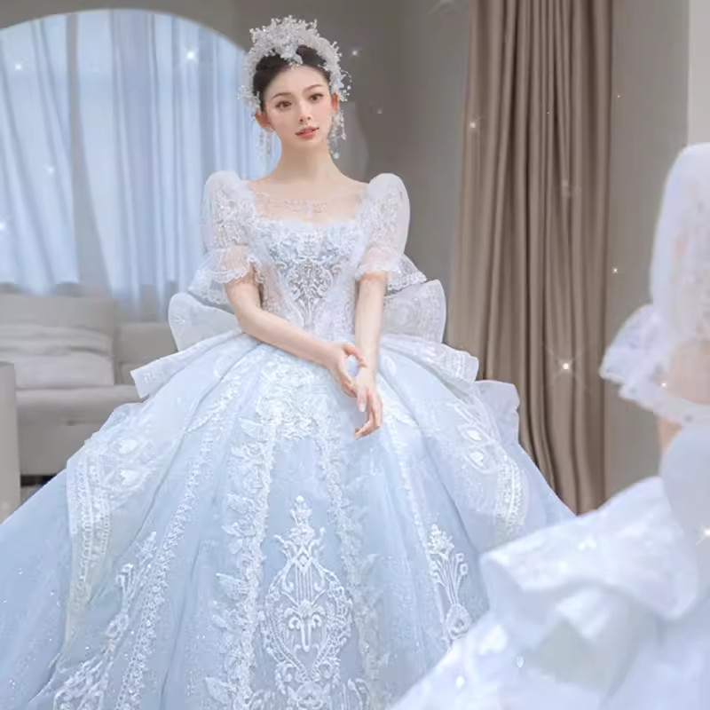 Fairytale Ball Gown Square Neckline Lace Long Wedding Dresses