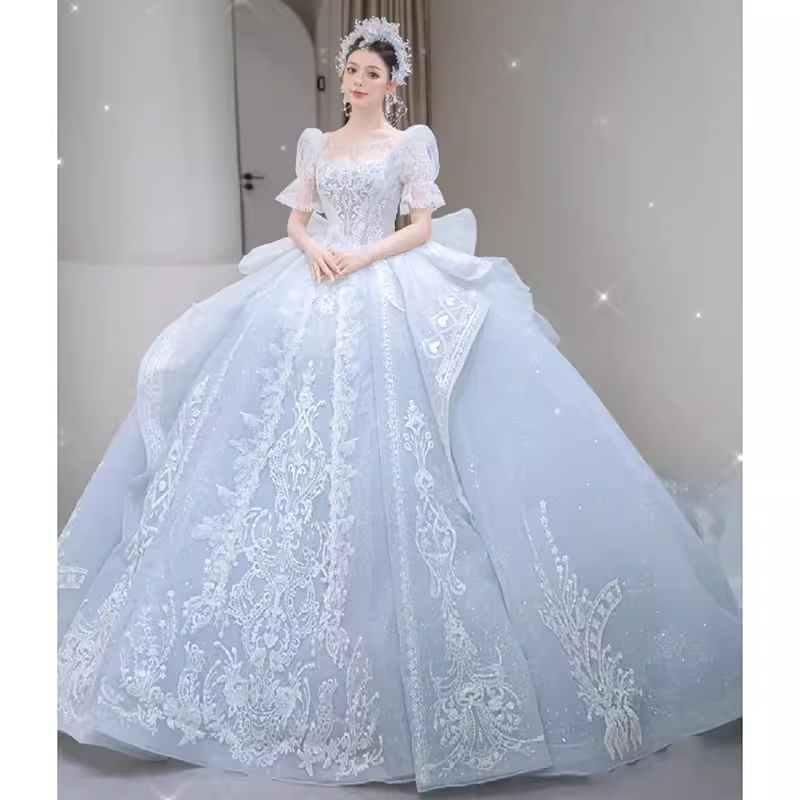 Fairytale Ball Gown Square Neckline Lace Long Wedding Dresses