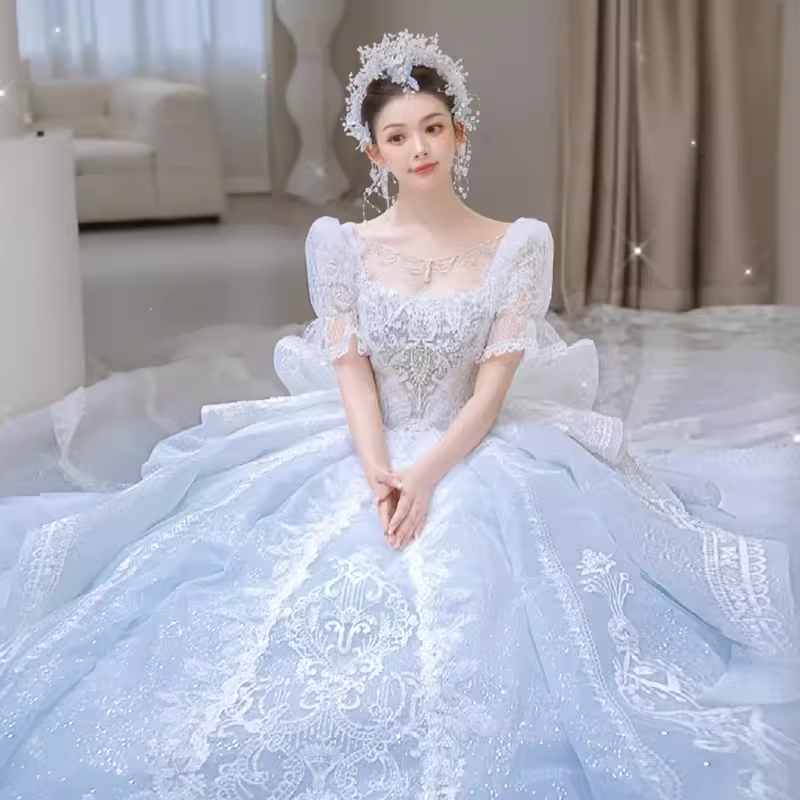 Fairytale Ball Gown Square Neckline Lace Long Wedding Dresses
